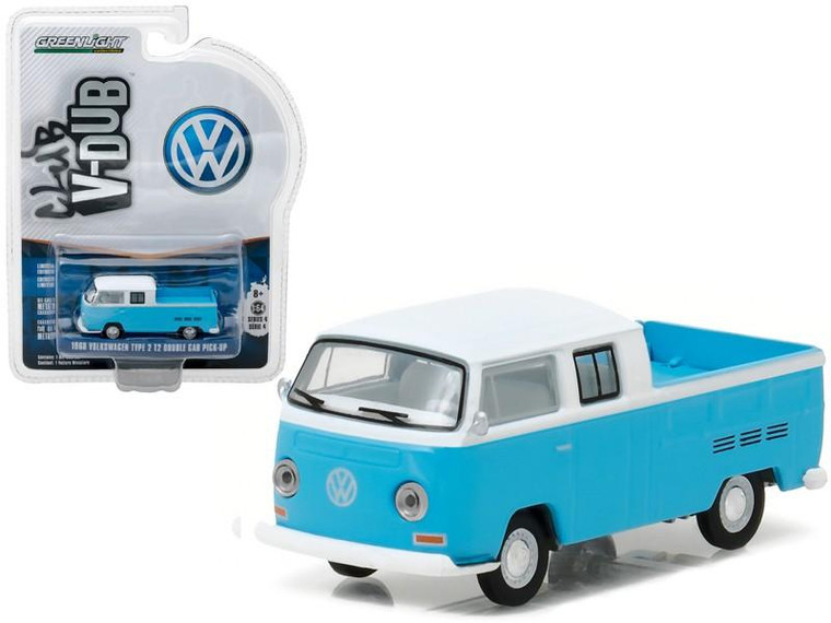 1968 Volkswagen Type 2 T2 Crew Cab Pickup White And Blue 1/64 Diecast Model Car By Greenlight (Pack Of 3) 29860C