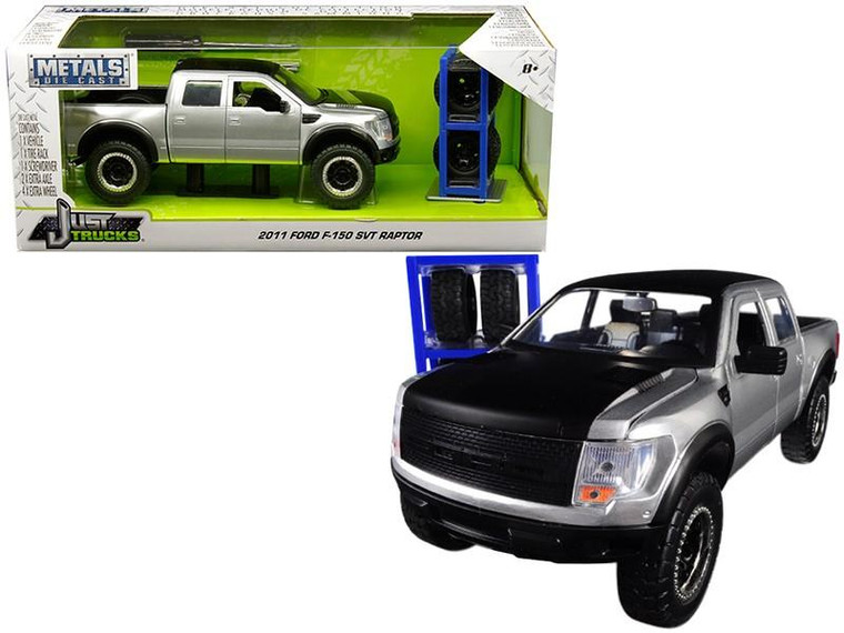 2011 Ford F-150 SVT Raptor Pickup Truck Silver with Matte Black Top and Extra Wheels "Just Trucks" Series 1/24 Diecast Model Car by Jada 30198