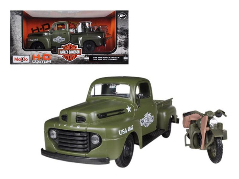 1948 Ford F-1 Pickup Truck Harley Davidson Flat Green With 1942 Harley Davidson WLA Flathead Motorcycle 1/25 by Maisto 32185FGR