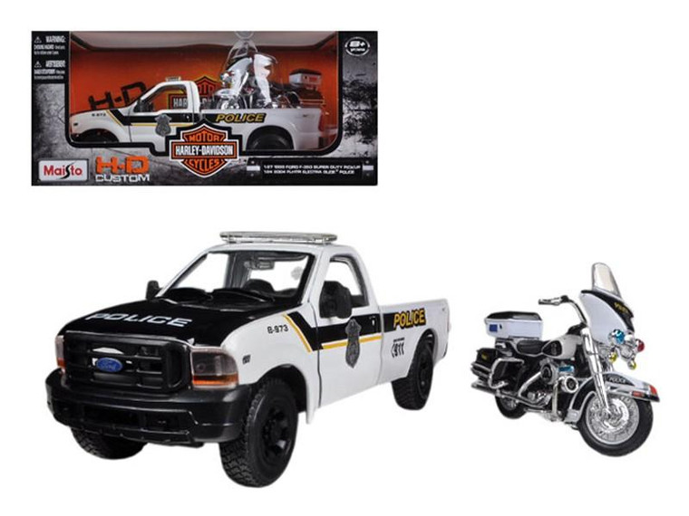 1999 Ford F-350 Super Duty Pickup Truck 1/27 and 1/24 2004 Harley Davidson FLHTPI Electra Glide Motorcycle Police by Maisto 32186bk/wh