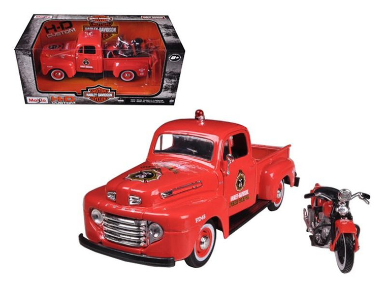 1948 Ford F-1 Pickup Truck Harley Davidson Fire With 1936 El Knucklehead Harley Davidson Motorcycle 1/24 Diecast Model by Maisto 32191