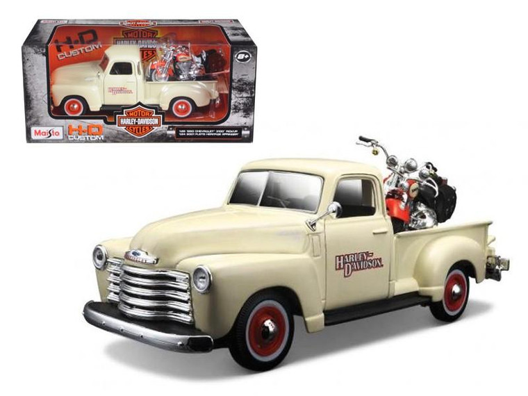 1950 Chevrolet 3100 Pickup Truck Harley Davidson 1/25 With 2001 FLSTS Heritage Springer Motorcycle 1/24 Diecast Model by Maisto 32194