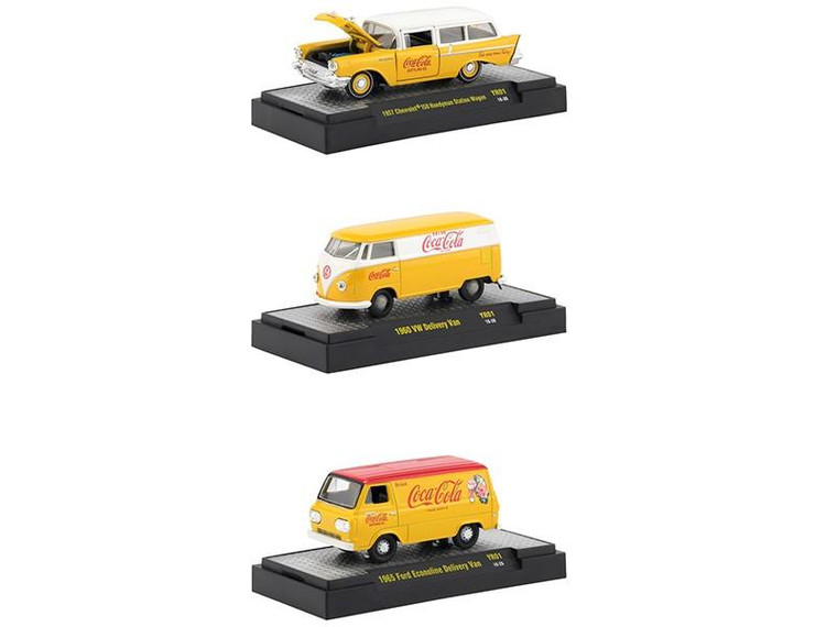 "Coca-Cola" Yellow Set of 3 Cars Limited Edition to 4800 pieces Worldwide Hobby Exclusive 1/64 Diecast Models by M2 Machines 52500-YR01