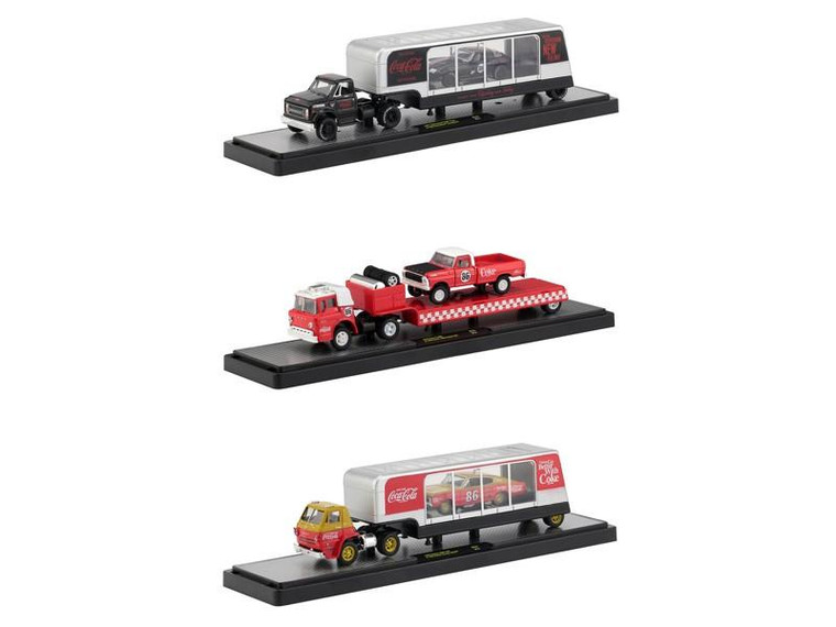 Auto Haulers Race Version "Coca-Cola" Release Set of 3 Trucks 1/64 Diecast Models by M2 Machines 56000-RC01