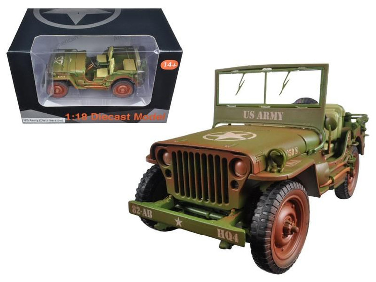 US Army WWII Jeep Vehicle Green Weathered Version 1/18 Diecast Model Car by American Diorama 77404A