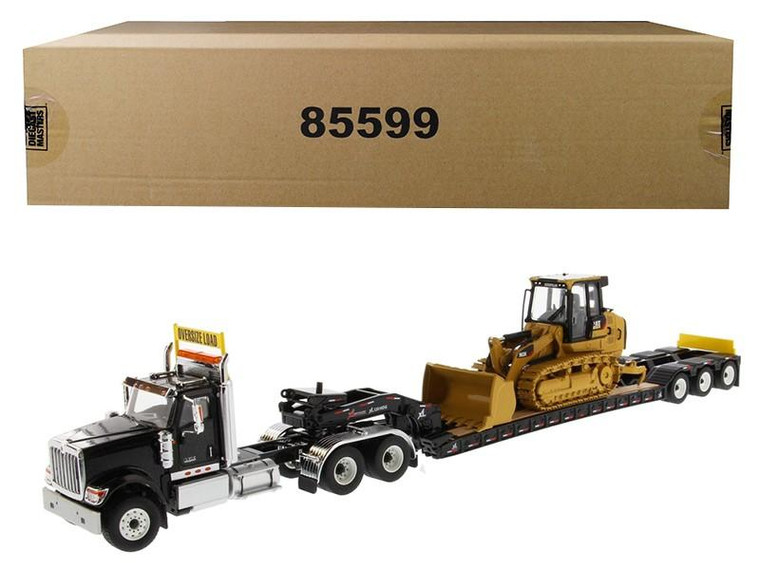 International HX520 Tandem Tractor Black with XL 120 Lowboy Trailer and CAT Caterpillar 963K Track Loader Set of 2 pieces 1/50 Diecast Models by Diecast Masters 85599