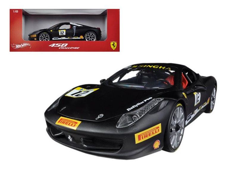 Ferrari 458 Challenge Matt Black #12 1/18 Diecast Car Model by Hotwheels BCT90