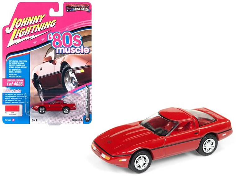 1988 Chevrolet Corvette Bright Red "80"'S Muscle" Limited Edition To 4036 Pieces Worldwide 1/64 Diecast Model Car By Johnny Lightning (Pack Of 3) JLMC014-JLSP026A