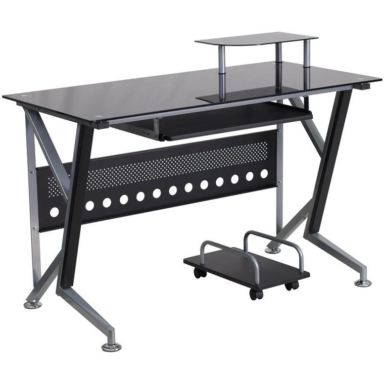 Glass Computer Desk w/Pull-Out Keyboard Tray & Cpu Cart NAN-WK-059-GG