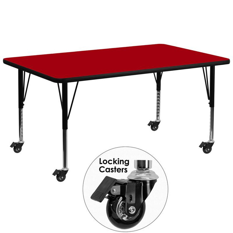 Mobile 30x72" Activity Table w/ Red Top XU-A3072-REC-RED-T-P-CAS-GG