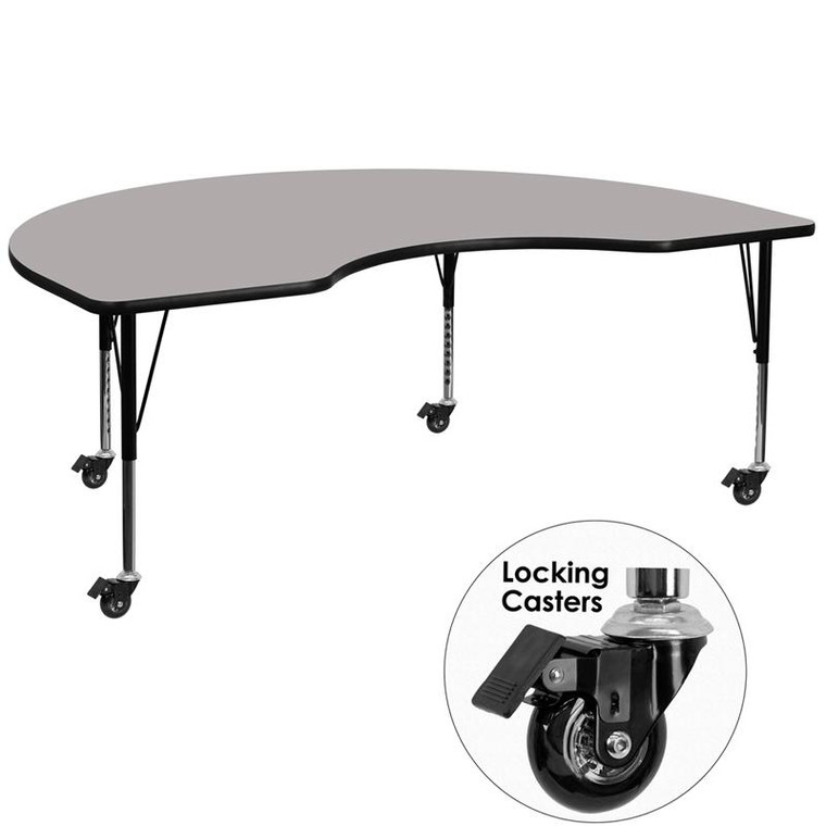 48x96" Kidney Activity Table Grey Top XU-A4896-KIDNY-GY-H-P-CAS-GG