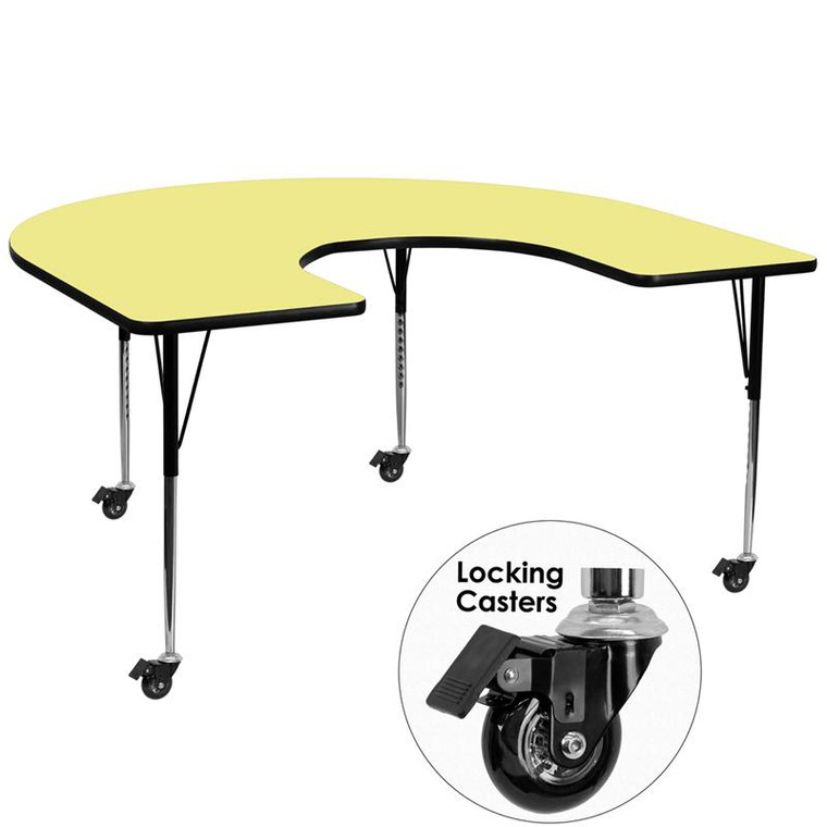 60x66 Horseshoe Activity Table Yellow Top XU-A6066-HRSE-YEL-T-A-CAS-GG