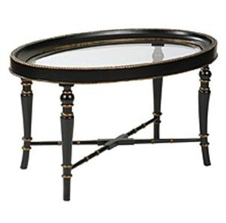 741006081 Oval Coffee Table In Satin Black Finish w/ Gold Accents