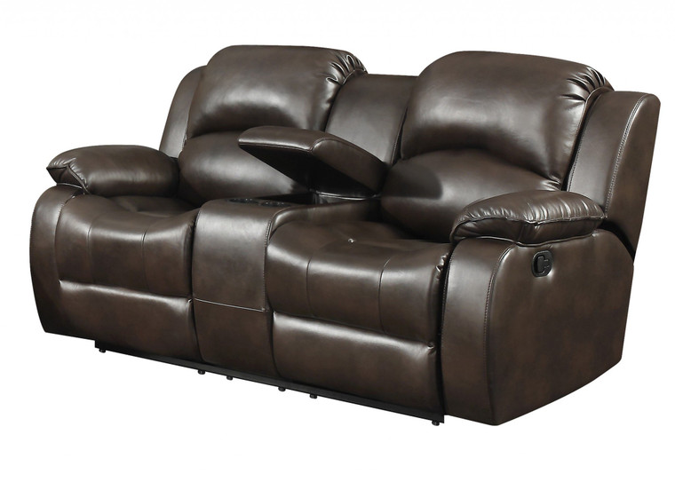 Homeroots Dark Brown Leather Gel Reclining Loveseat With Storage Console And Cup Holders 248035