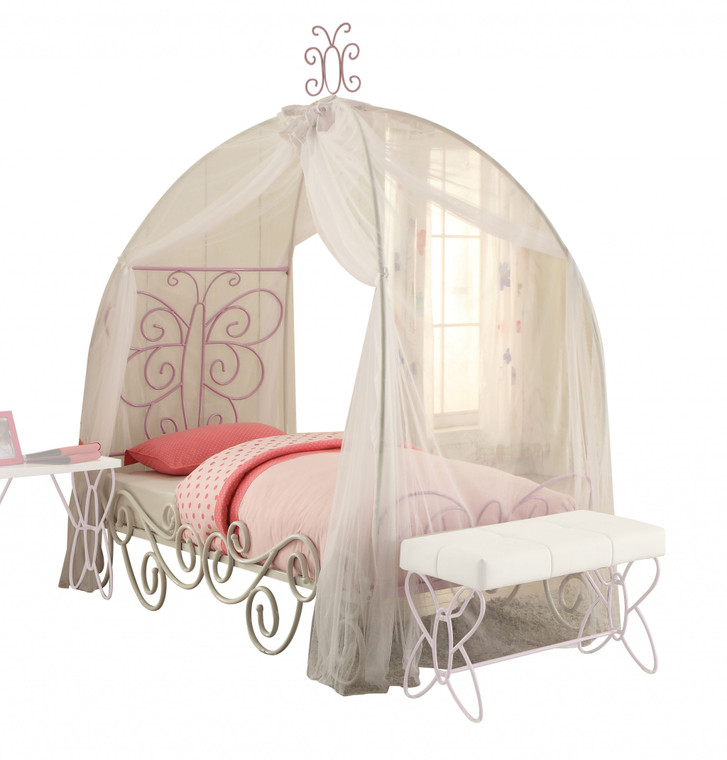 Homeroots 85" X 41" X 88" Twin White And Light Purple Metal Tube Bed With Canopy 285576