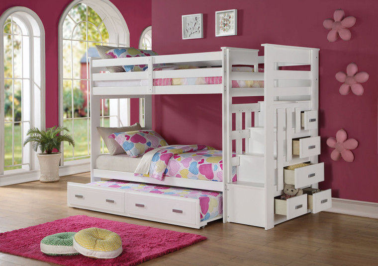Homeroots 97" X 43" X 68" Twin Over Twin White Storage Ladder And Trundle Bunk Bed 285615
