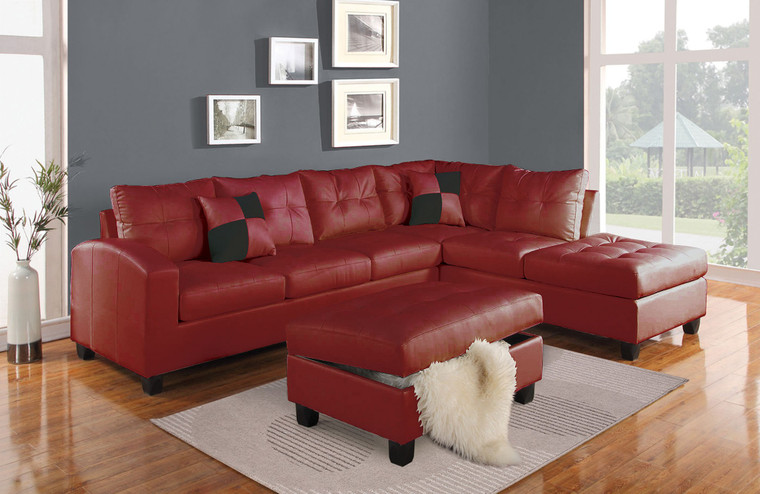 Homeroots 78" X 33" X 34" Red Bonded Leather Reversible Sectional Sofa With 2 Pillows 285637