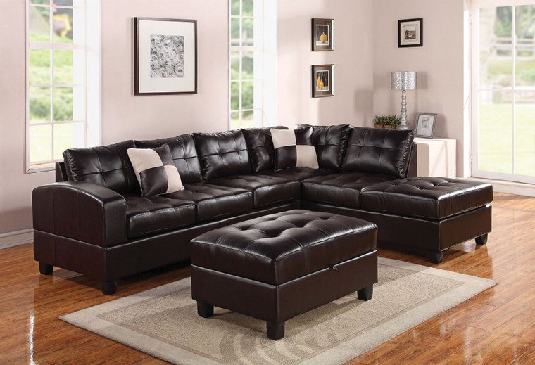 Homeroots 111" X 78" X 34" Black Bonded Leather Reversible Sectional Sofa With 2 Pillows 285639