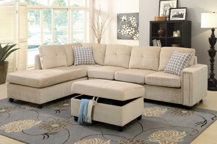 Homeroots 78" X 33" X 36" Beige Velvet Reversible Sectional Sofa With Pillows 285952