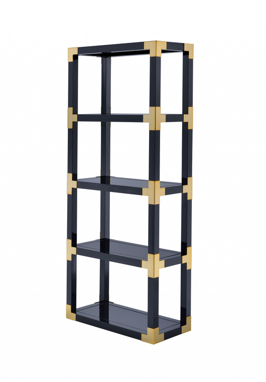 Homeroots 32" X 15" X 77" Gold, Black High Gloss And Black Mirror Bookcase 286634