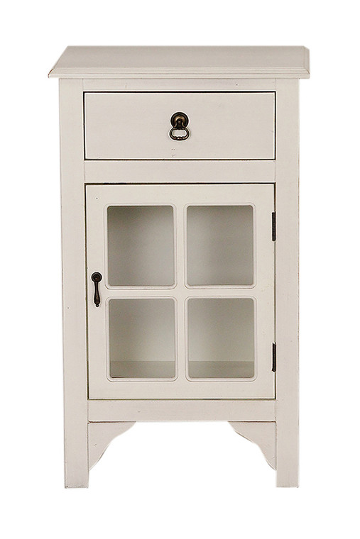 Homeroots 30" Antique White Wood Clear Glass Accent Cabinet With A Drawer And A Door 291843
