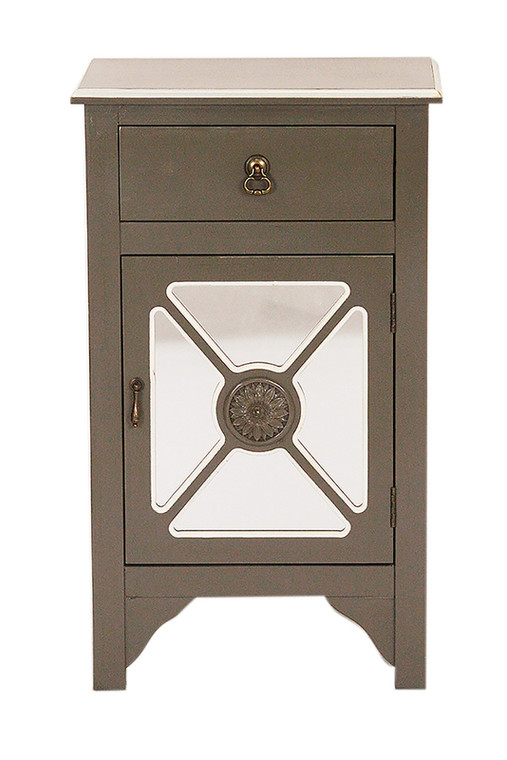Homeroots Gray Wood Mirrored Glass Accent Cabinet With A Drawer, A Door & Trellis Inserts 291855