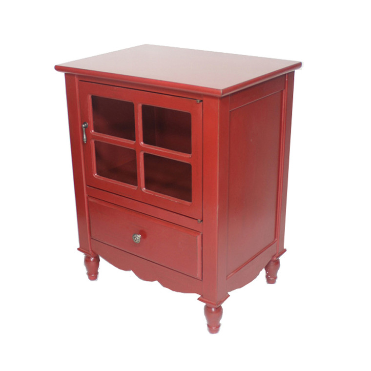 Homeroots 28" Red Wood Clear Glass Accent Cabinet With A Drawer, A Door And Paned Inserts 291871