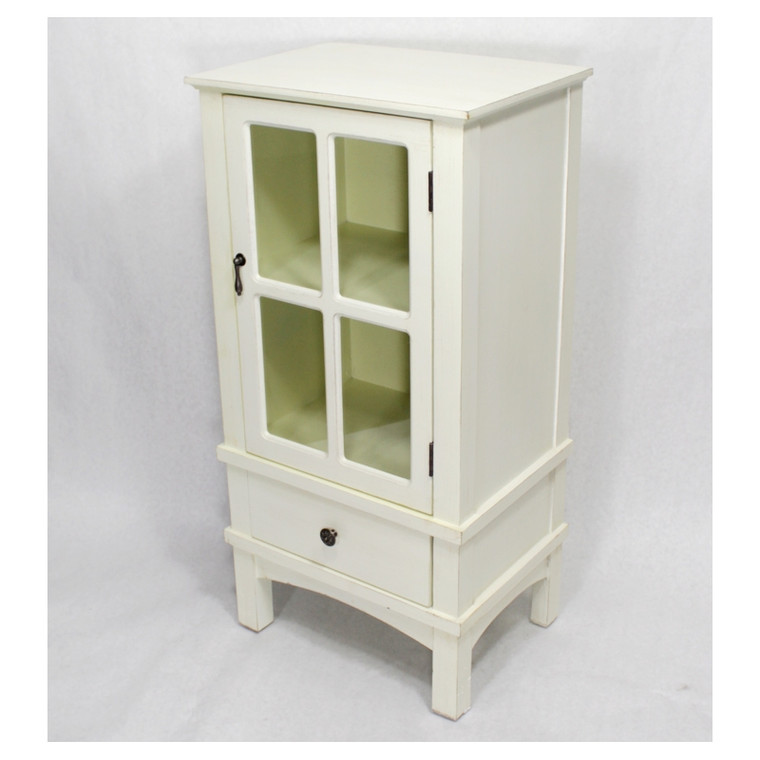 Homeroots 36" Antique White Wood Clear Glass Accent Cabinet With A Door And A Drawer 291894