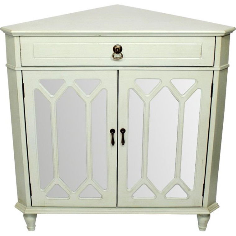 Homeroots 32" Light Sage Wood Mirrored Glass Corner Cabinet With A Drawer And 2 Doors 291905