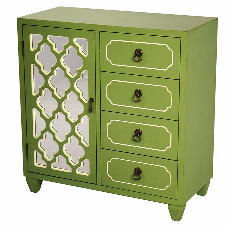 Homeroots Green Wood Mirrored Glass Cabinet With A Door, 4 Drawers And Arabesque Inserts 291965