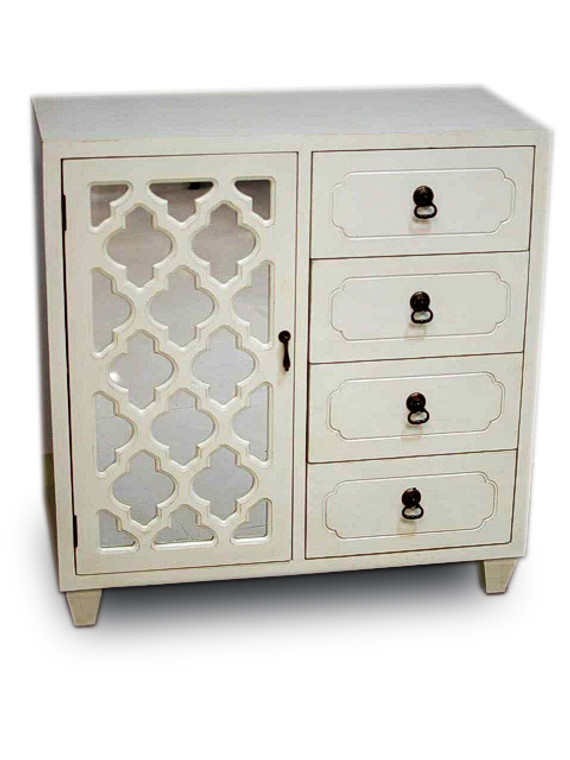 Homeroots 30.75" Antique White Wood Mirrored Glass Cabinet With A Door And 4 Drawers 291966