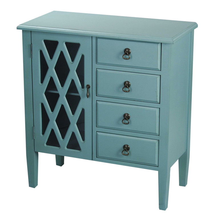 Homeroots 32" Turquoise Wood Clear Glass Classic Sideboard With A Door And 4 Drawers 291994