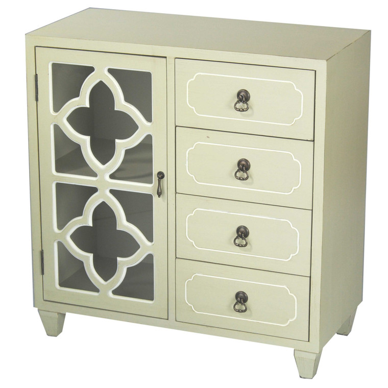Homeroots 30.75" Beige Wood Clear Glass Antique Style Sideboard With A Door And 4 Drawers 291999