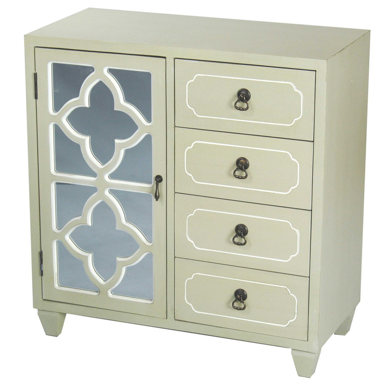 Homeroots Beige Wood Mirrored Glass Sideboard With A Door, 4 Drawers & Quatrefoil Inserts 292003