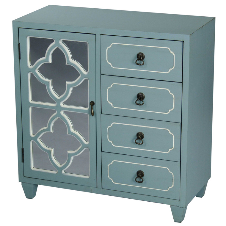 Homeroots 30.75" Light Blue Wood Mirrored Glass Sideboard With A Door And 4 Drawers 292004