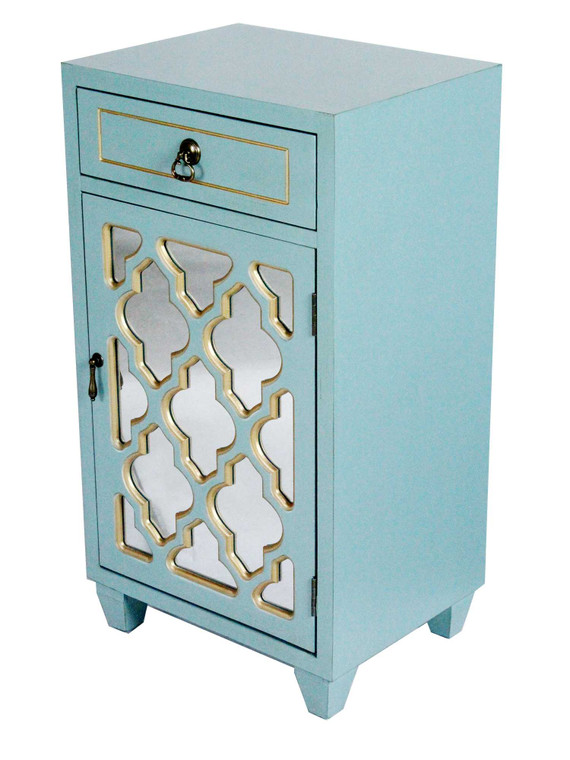 Homeroots 30.75" Light Blue Wood Mirrored Glass Accent Cabinet With A Drawer And A Door 292006