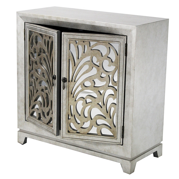 Homeroots 32" Antique Silver Wood Mirrored Glass Sideboard With 2 Doors And Gold Paint 294578