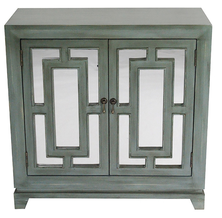 Homeroots 32" French Blue Mirrored Glass Sideboard With 2 Doors 294581