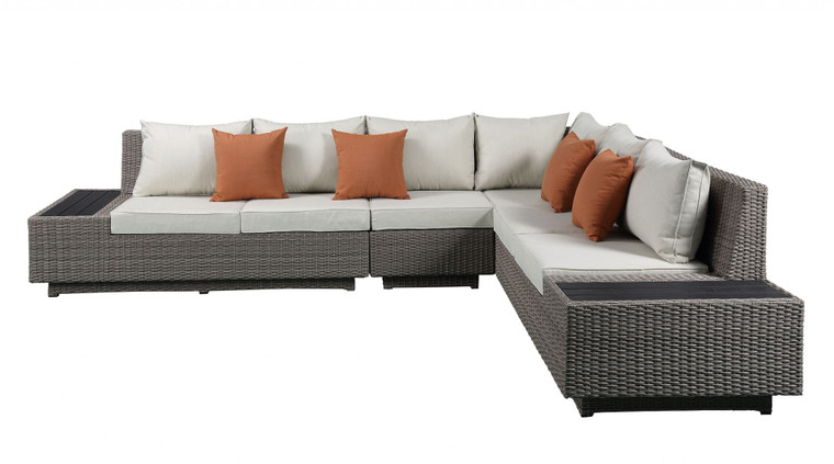 Homeroots 126" X 100" X 30" Beige Fabric And Gray Wicker Patio Sectional And Cocktail Table 318798