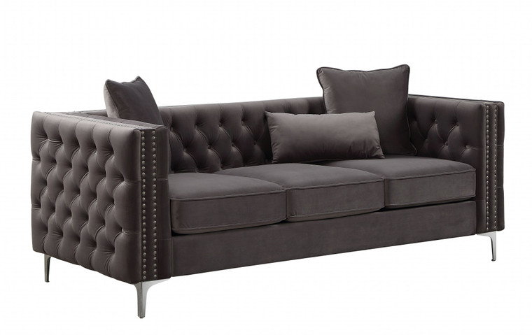 Homeroots 86" X 34" X 30" Dark Gray Velvet Sofa W/3 Pillows 318845