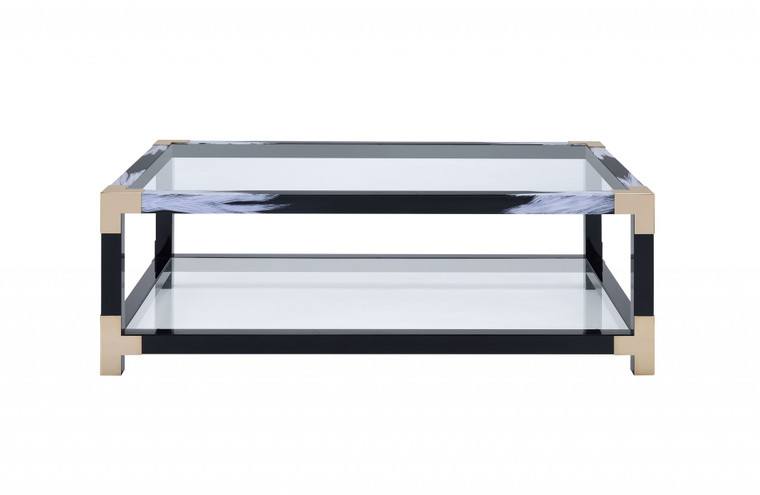 Homeroots 54" X 18" X 34" White Brushed, Black, Gold And Clear Glass Coffee Table 318998
