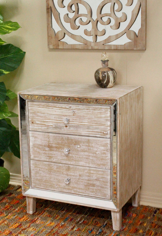 Homeroots 34" White Washed Accent Cabinet With 3 Drawers And With Antiqued Mirror Accents 319824