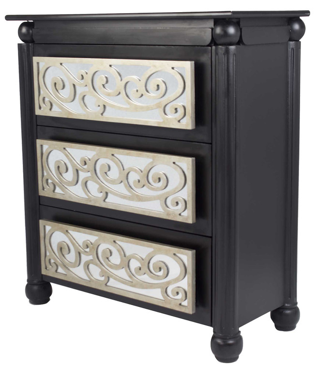 Homeroots 37" Black And Silver Accent Cabinet With 3 Drawers And Mirrored Glass 319834