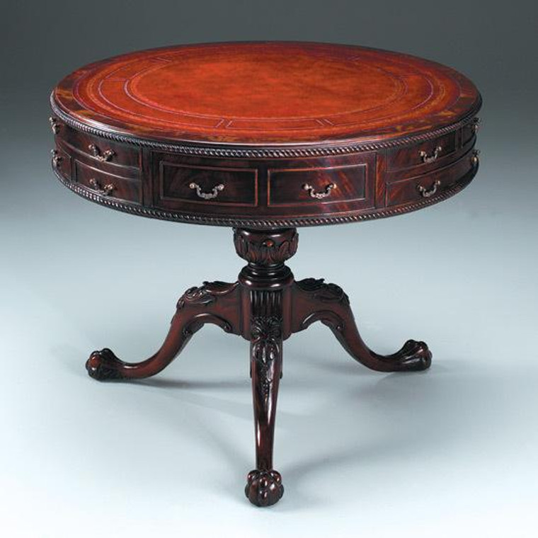 31524 Vintage Round Large Chippendale Drum Table In Dark Walnut Finish