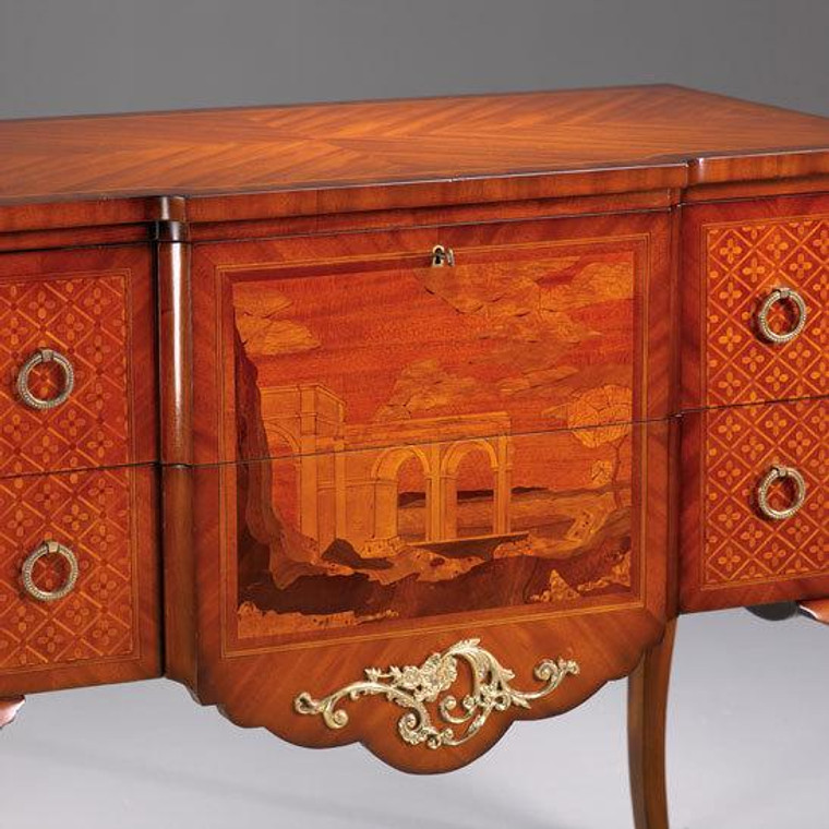 33304 Vintage Rectangular Marquetry Commode In Wood Finish