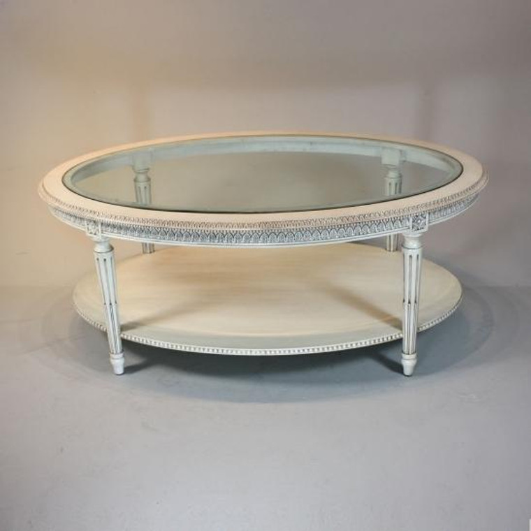 33632 Vintage Oval Glass Top Coffee Table In Beige Finish