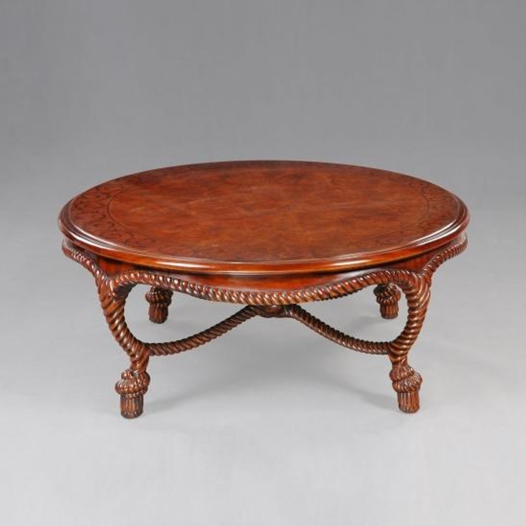 33793 Vintage Round Rope Coffee Table Wooden Top In Wood Finish