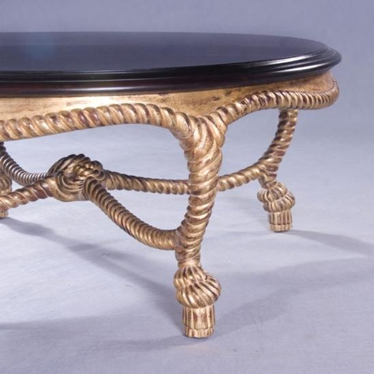 33793NF9 Vintage Round Rope Coffee Table Wooden Top In Golden Finish