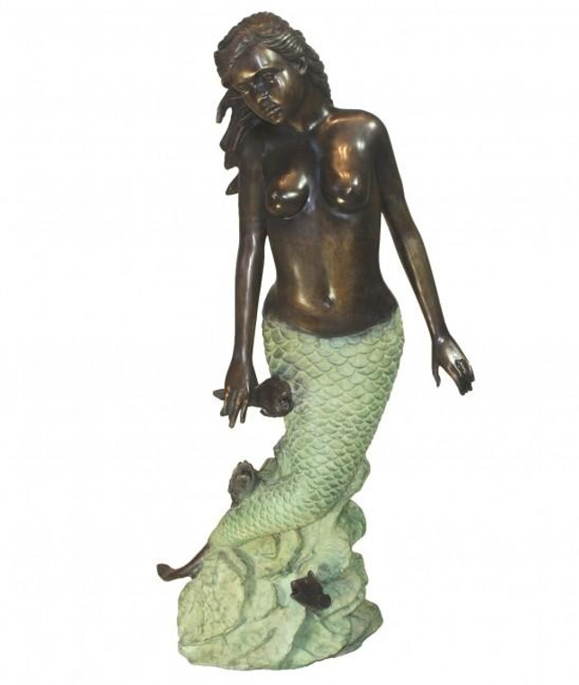 A2100 Vintage Bronze Mermaid Leaning On A Rock With A Fish Fountain