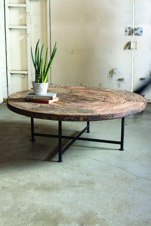 Kalalou Antique Wooden Wagon Wheel Coffee Table With Iron Base - nbf2225